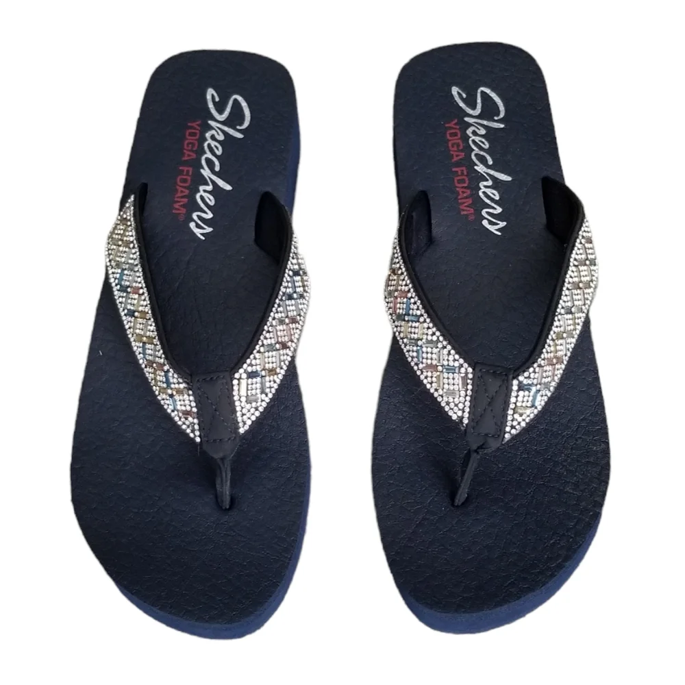 Skechers Womens 9.5 Blue Yoga Foam Bling Thong Style Flip-Flop Wedge Sandals